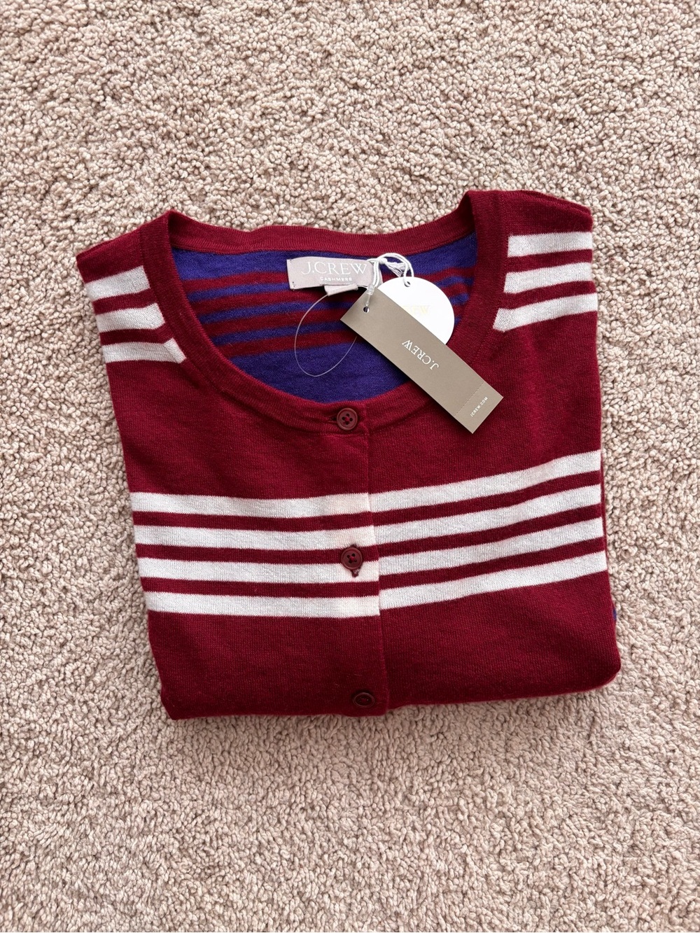 J. Crew burgundy/Cream/plum Striped 100% Cashmere Cardigan size M